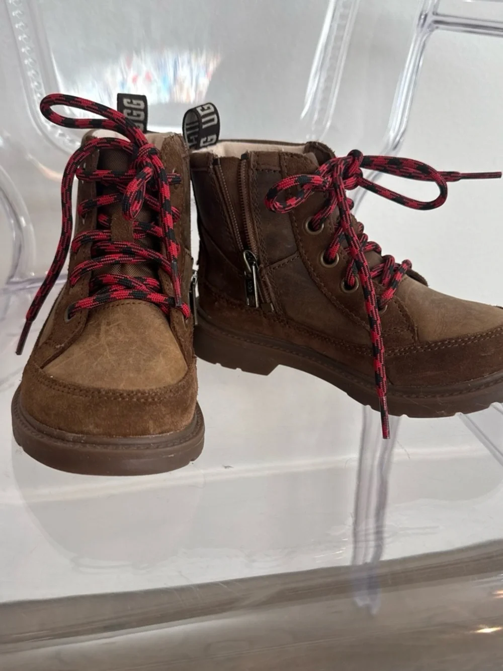 UGG Kids Brown Suede Ankle Boots with Red-Black Laces